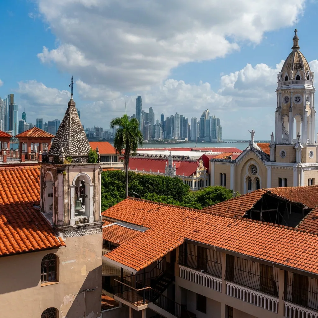 Vista desde una azotea sobre los tejados coloniales del Casco Antiguo hacia los rascacielos de Ciudad de Panamá