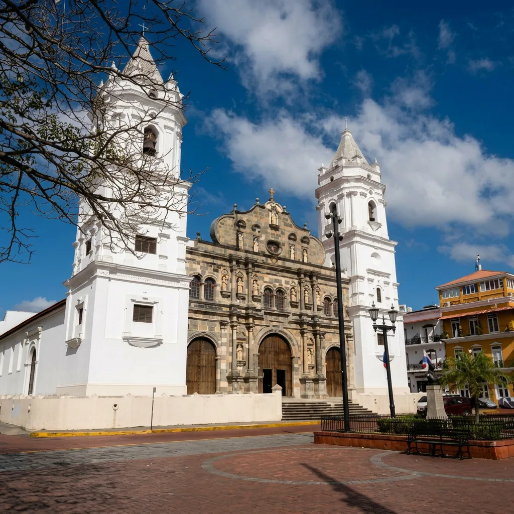Vista desde una azotea sobre los tejados coloniales del Casco Antiguo hacia los rascacielos de Ciudad de Panamá