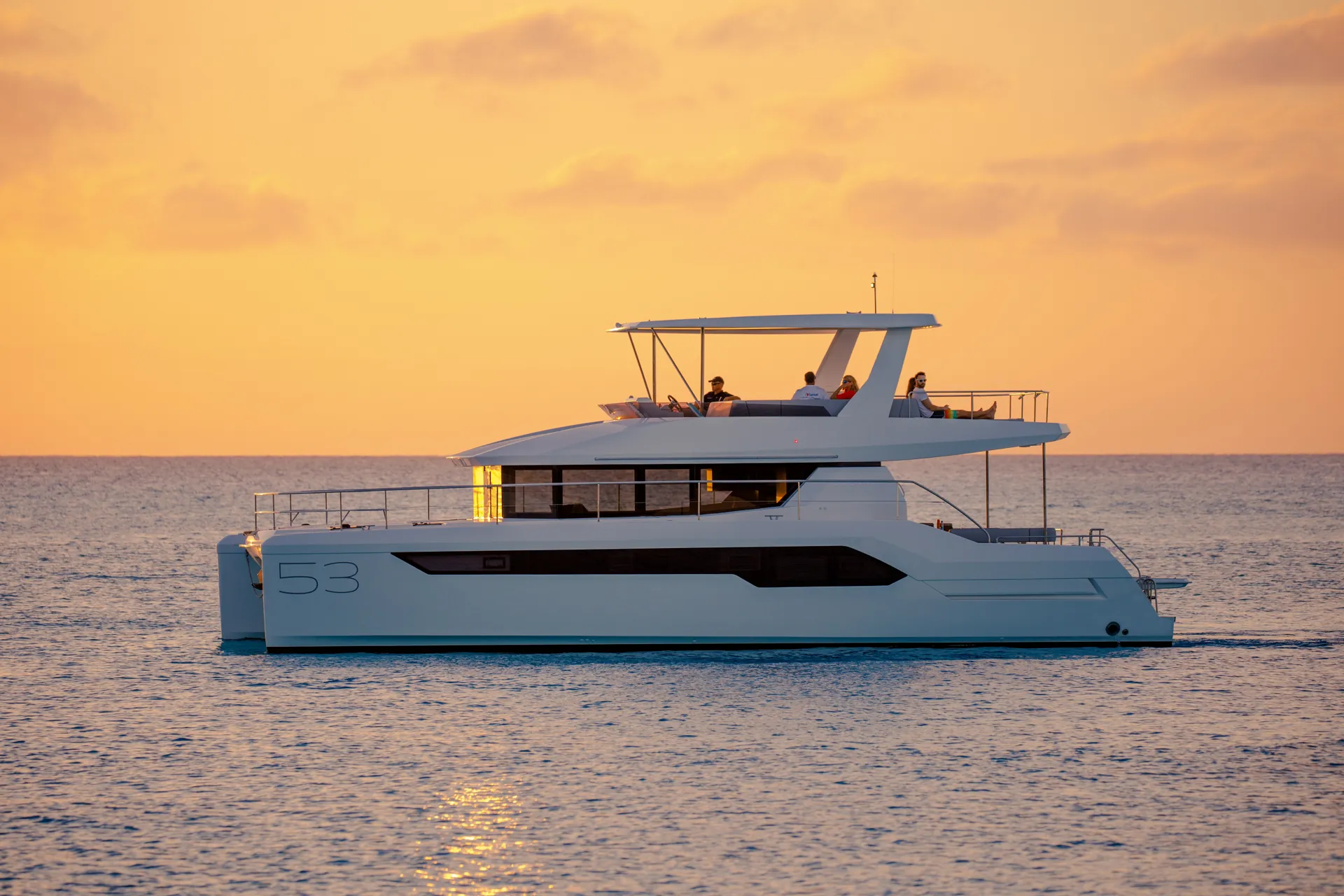 The catamaran at sunset on the Gulf of Chiriquí