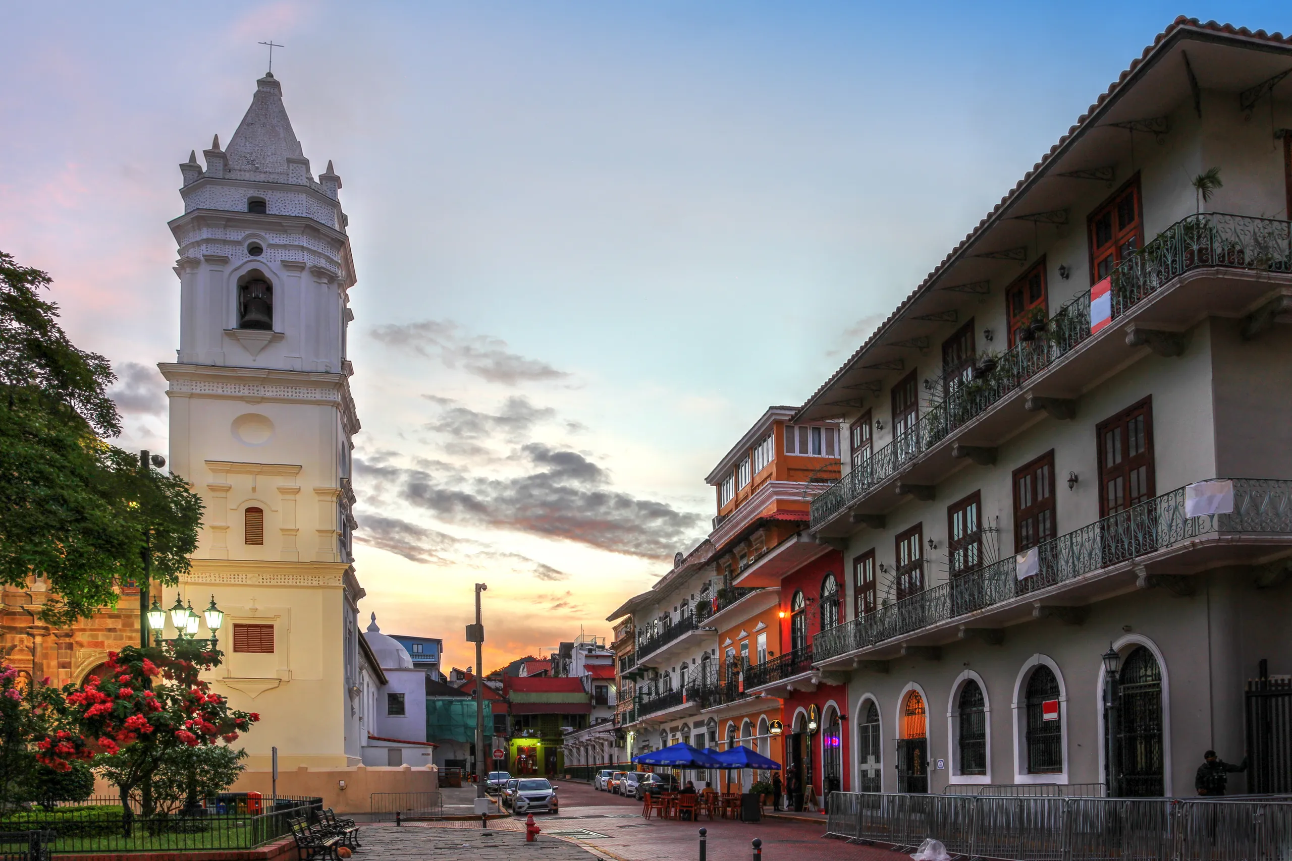 The cathedral square in Casco Antiguo at sunset